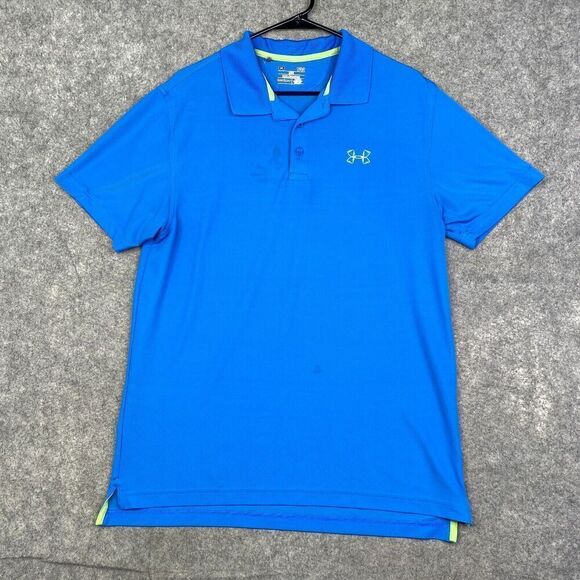 Under Armour Heatgear Blue Stretch Polo Shirt Size Large Loose Fit Performance - Picture 1 of 10